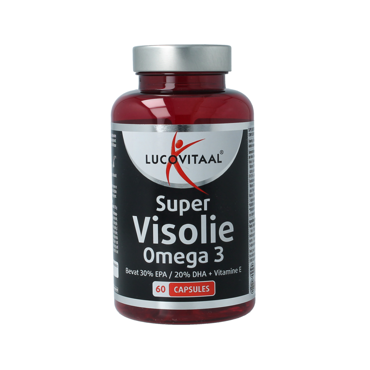 Lucovitaal Super visolie omega 3 capsules, dietary fish oil supplement, showing the bottle and capsules on a white background.