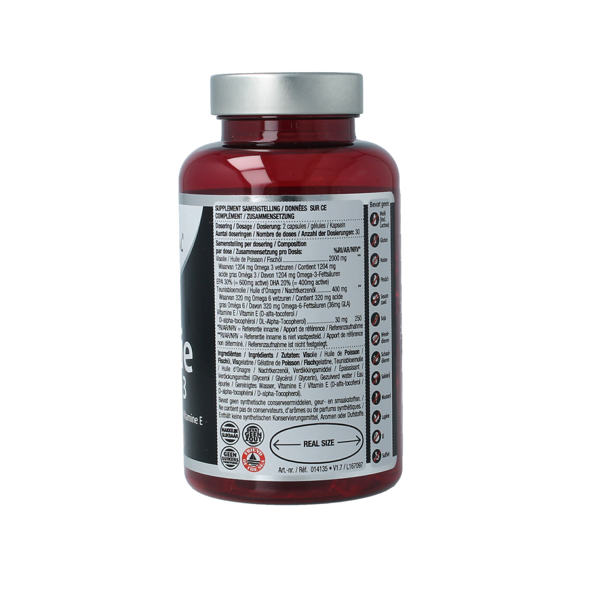 Lucovitaal Super Visolie Omega 3 capsules, dietary omega-3 fatty acids supplement in a bottle, displayed with capsules visible.