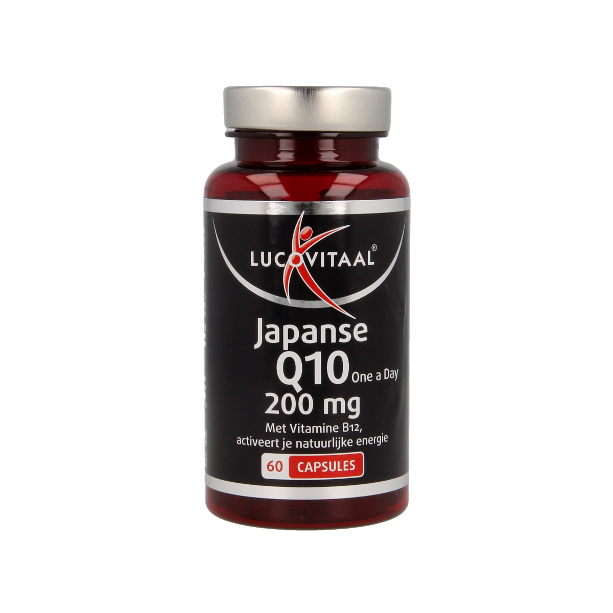Lucovitaal Q10 200mg Japan multi-vitamin capsules, showing a bottle of 60 capsules with label detail.