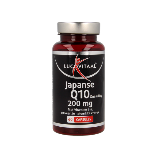 Lucovitaal Q10 200mg Japan multi-vitamin capsules, showing a bottle of 60 capsules with label detail.