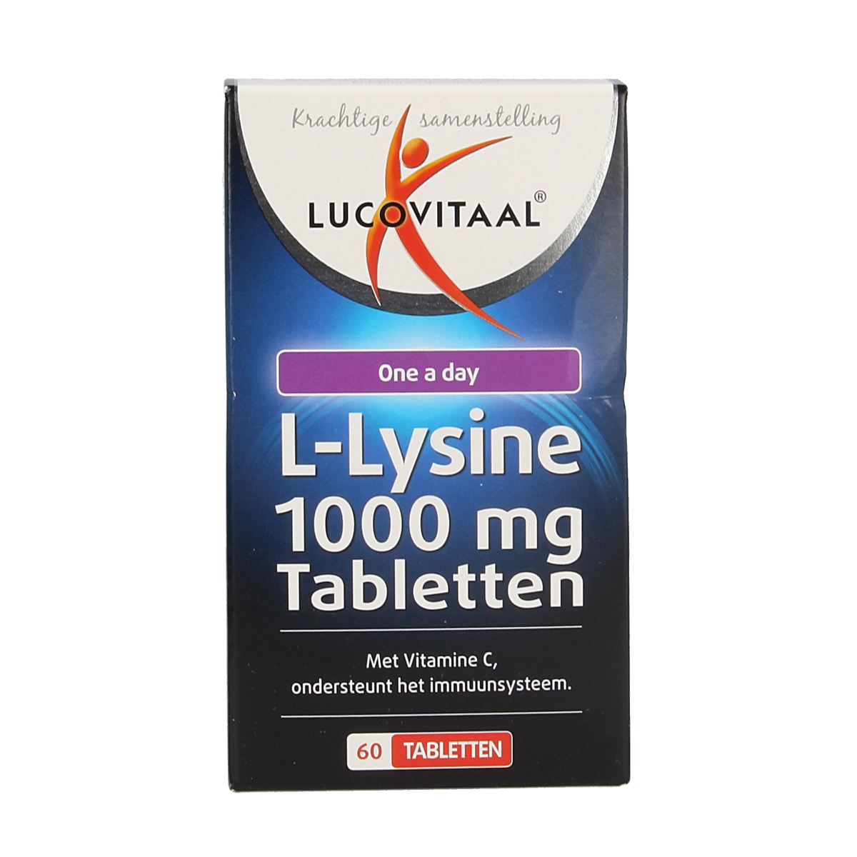 Lucovitaal L-Lysine 1000mg amino acid tablets, 60 count, showing the supplement bottles and tablets on a white background.