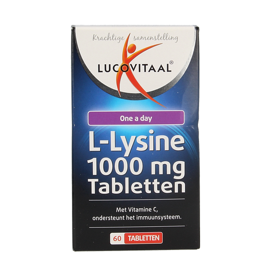 Lucovitaal L-Lysine 1000mg amino acid tablets, 60 count, showing the supplement bottles and tablets on a white background.