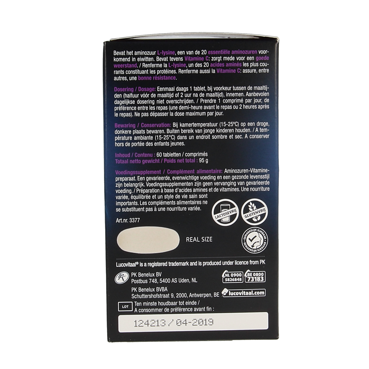 Lucovitaal L-Lysine 1000mg amino acid tablets, 60 count, showing the supplement bottle and tablets outside the container.