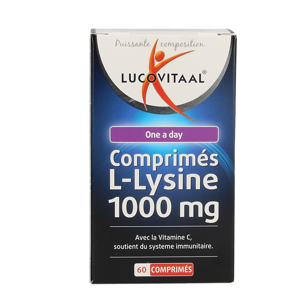 Lucovitaal L-Lysine 1000mg amino acids tablets, showing a bottle of 60 tablets with label and dosage information.