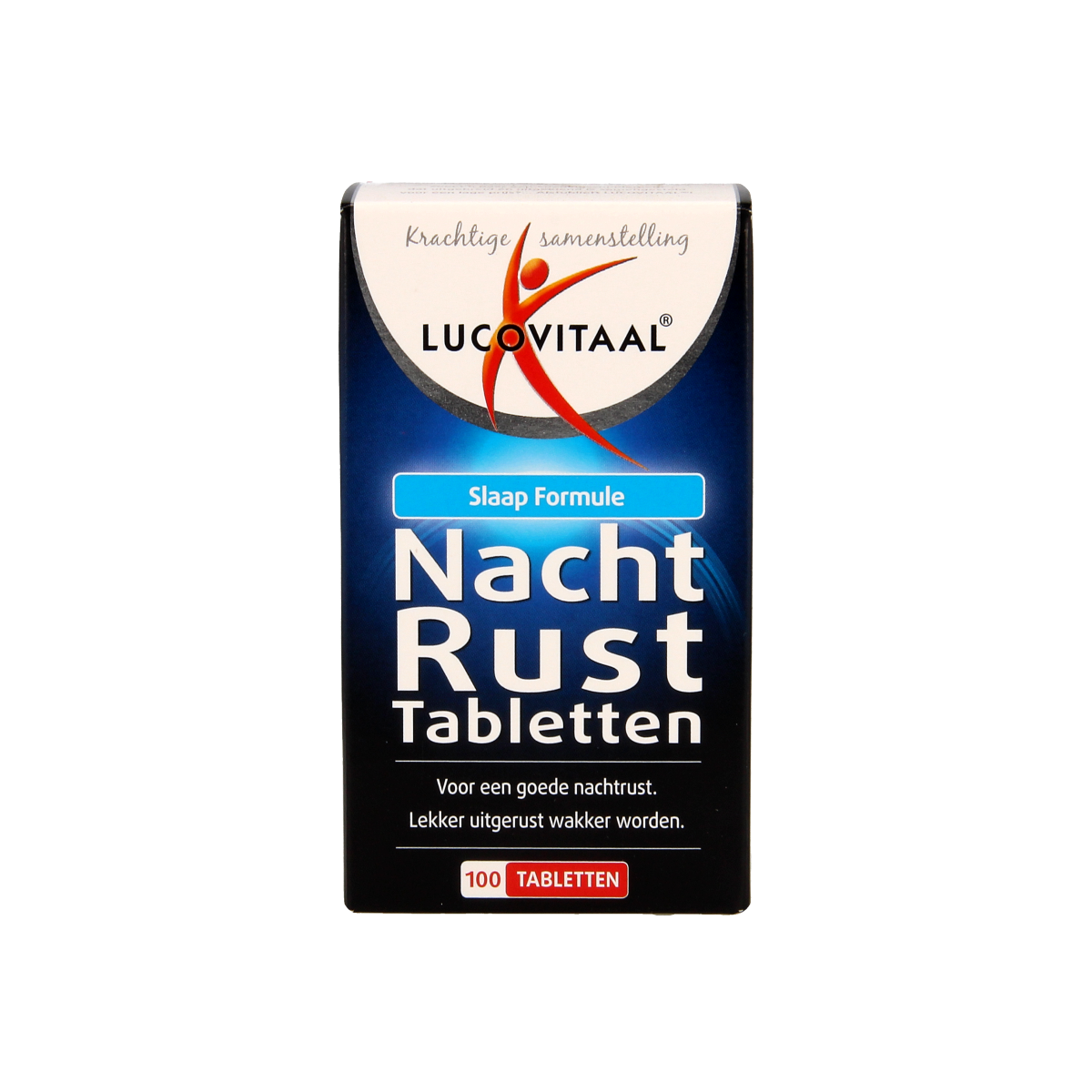Lucovitaal Nachtrust herbal supplement in a bottle of 100 tablets, natural remedy for better sleep, shown in the image.
