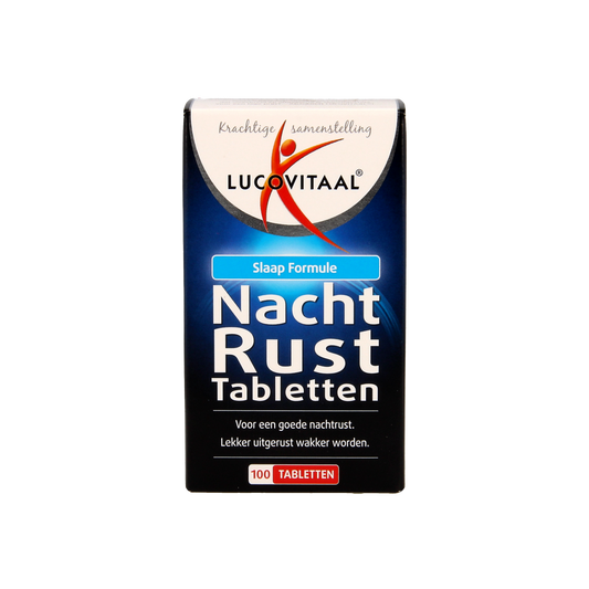Lucovitaal Nachtrust herbal supplement in a bottle of 100 tablets, natural remedy for better sleep, shown in the image.