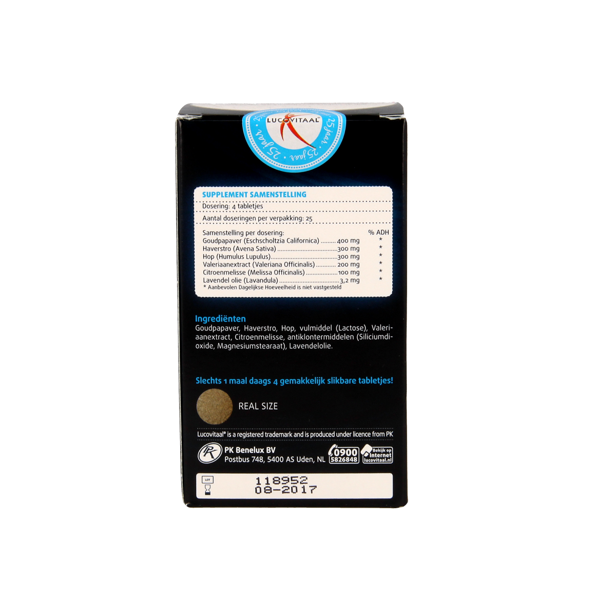 Lucovitaal Nachtrust herbal supplement in a bottle of tablets, designed to promote restful sleep and relaxation.