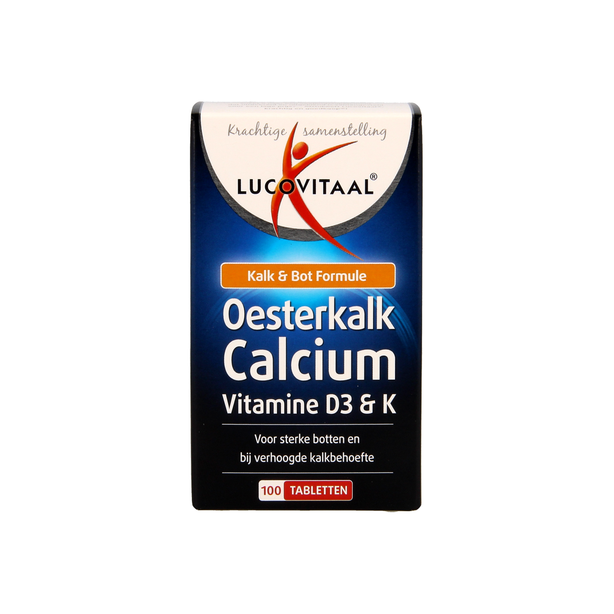 Lucovitaal Oesterkalk calcium tablets, mineral supplement in a bottle, showing the white tablets on the package.