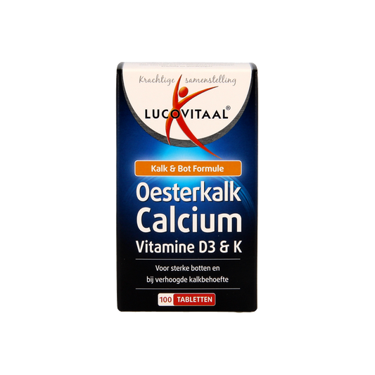 Lucovitaal Oesterkalk calcium tablets, mineral supplement in a bottle, showing the white tablets on the package.