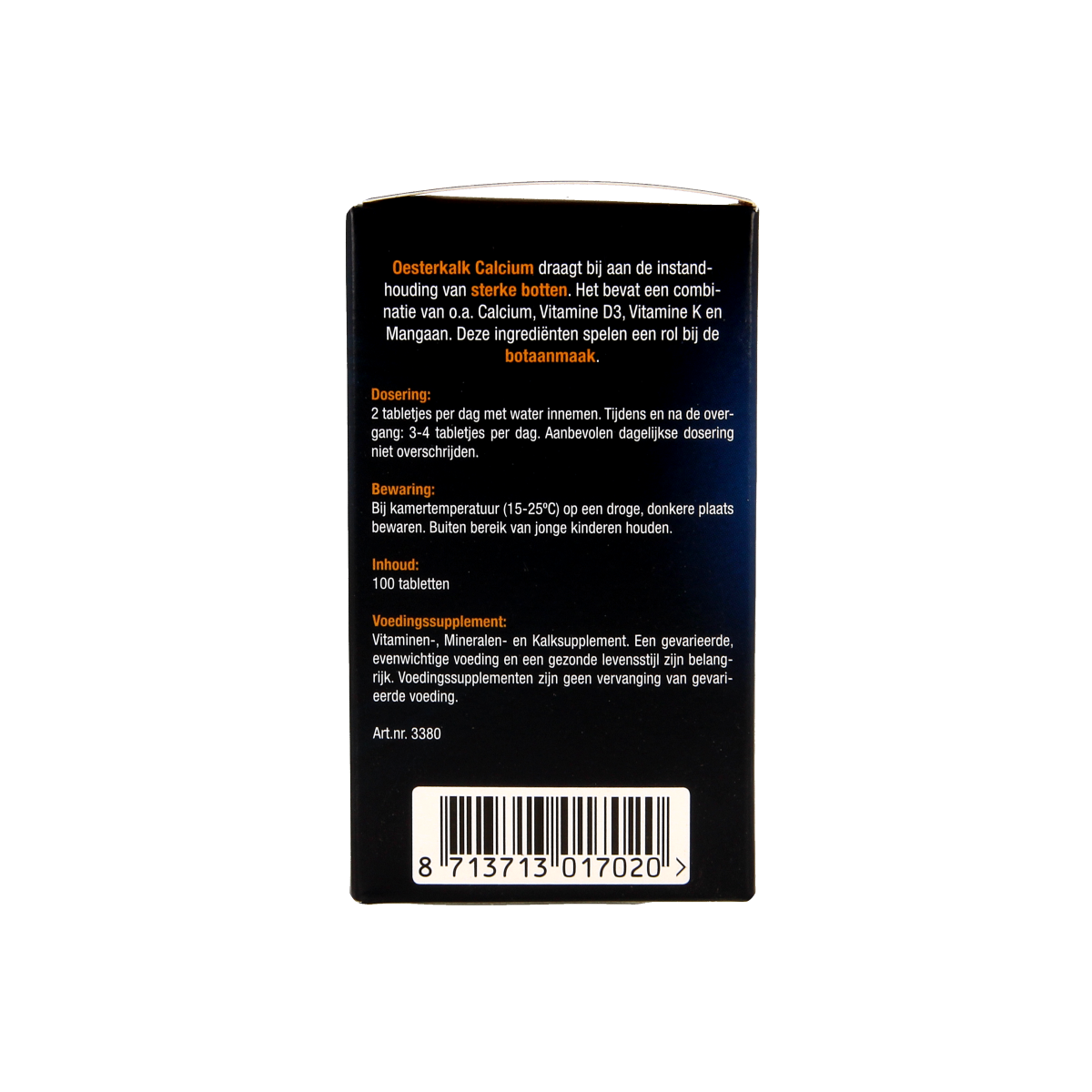 Lucovitaal Oesterkalk calcium tablets in a bottle, dietary mineral supplement for bone health, 100 tablets.