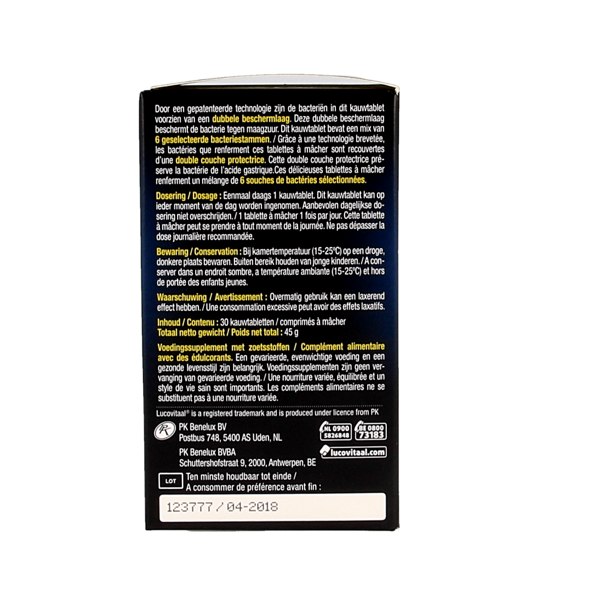 Lucovitaal Probiotica 30 chewable tablets with micro-organisms, dietary supplement for digestive health, shown in blister pack.