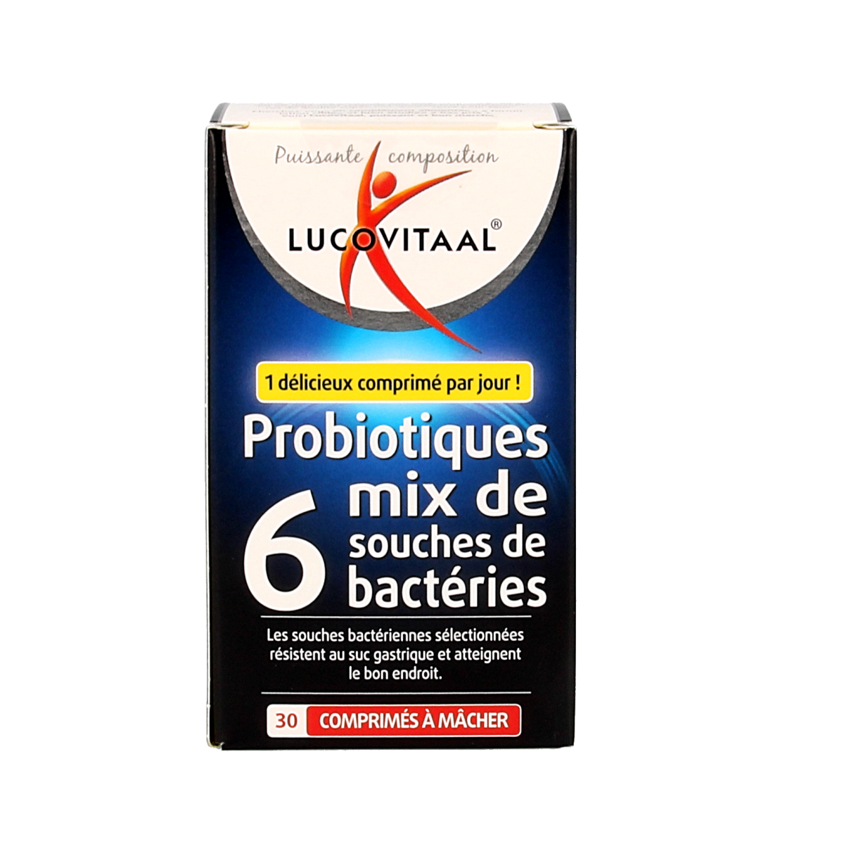 Lucovitaal Probiotica chew tablets with live micro-organisms for digestive health, shown in a close-up image.
