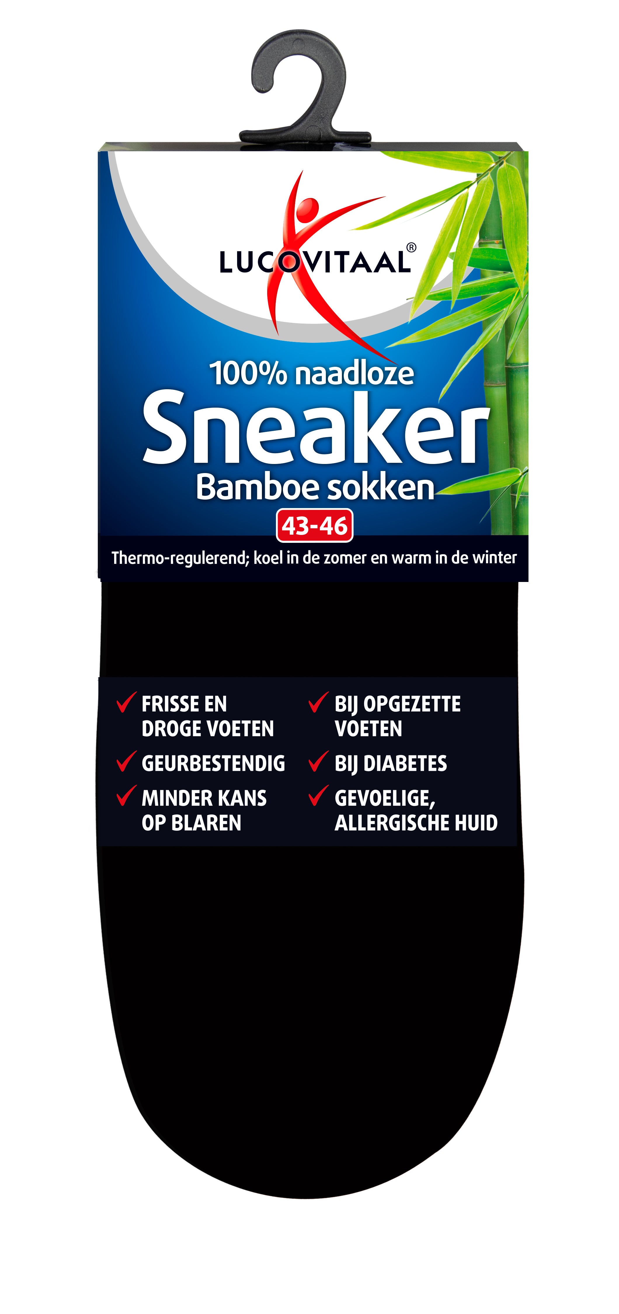 Lucovitaal bamboo black sneakersock in size 43-46, single pair, showing the soft fabric and comfortable fit for casual wear.