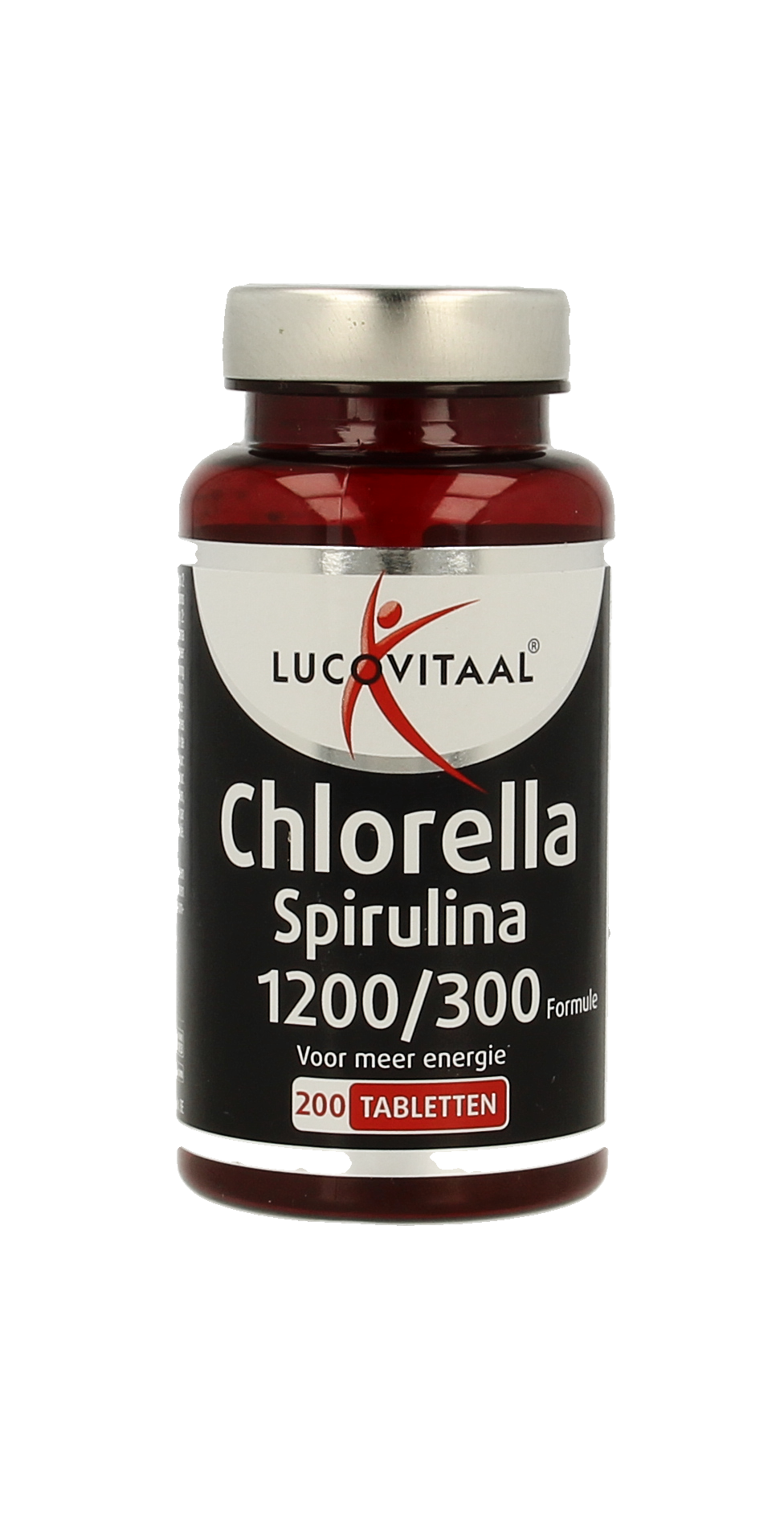 Lucovitaal Chlorella spirulina supplement in a bottle with 200 tablets, herbal preparation for health and wellness.