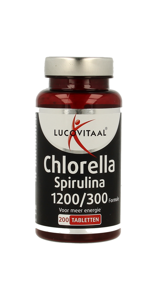 Lucovitaal Chlorella spirulina supplement in a bottle with 200 tablets, herbal preparation for health and wellness.