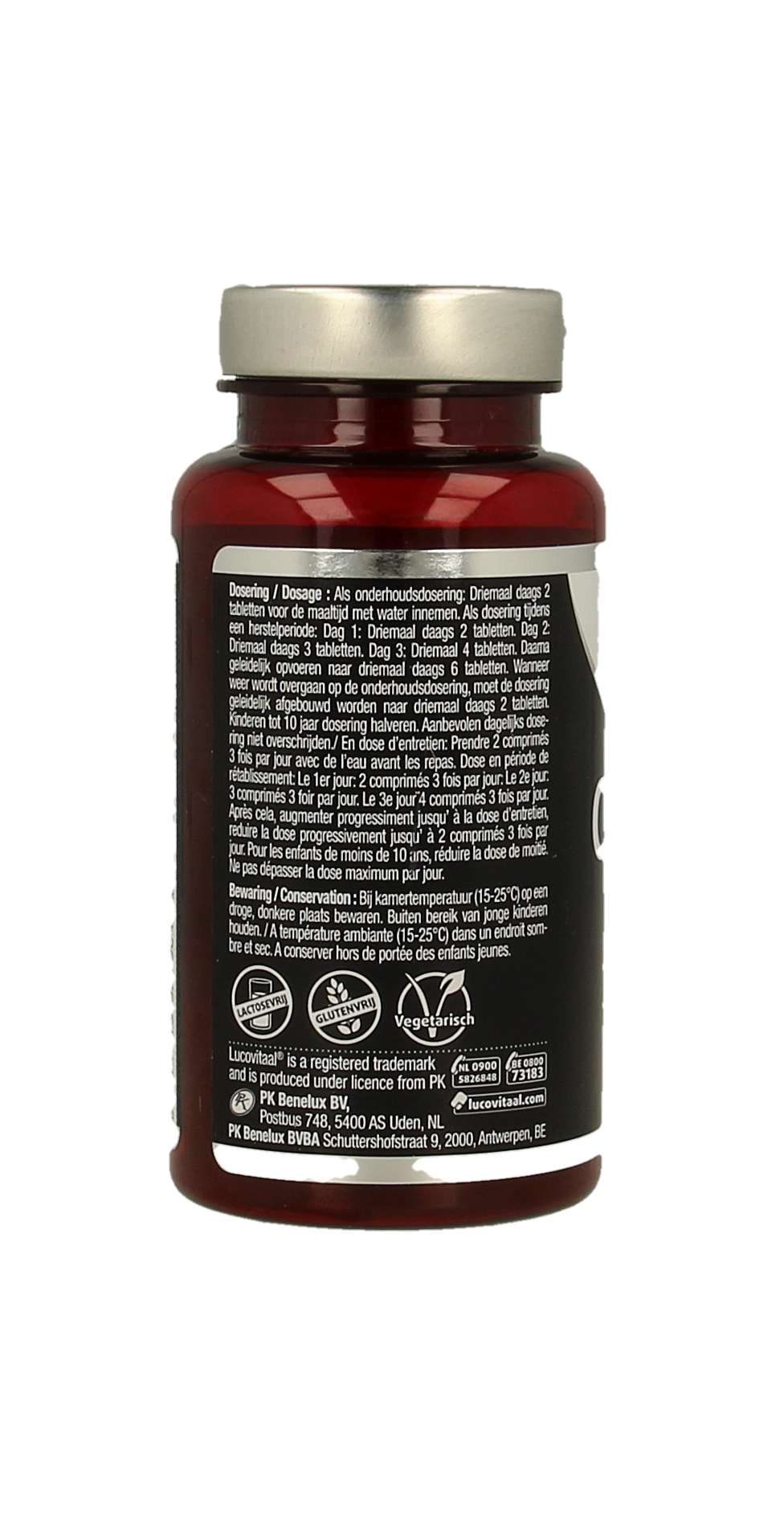 Lucovitaal Chlorella Spirulina supplement in bottle with 200 tablets, natural herbal supplement for health and detox.