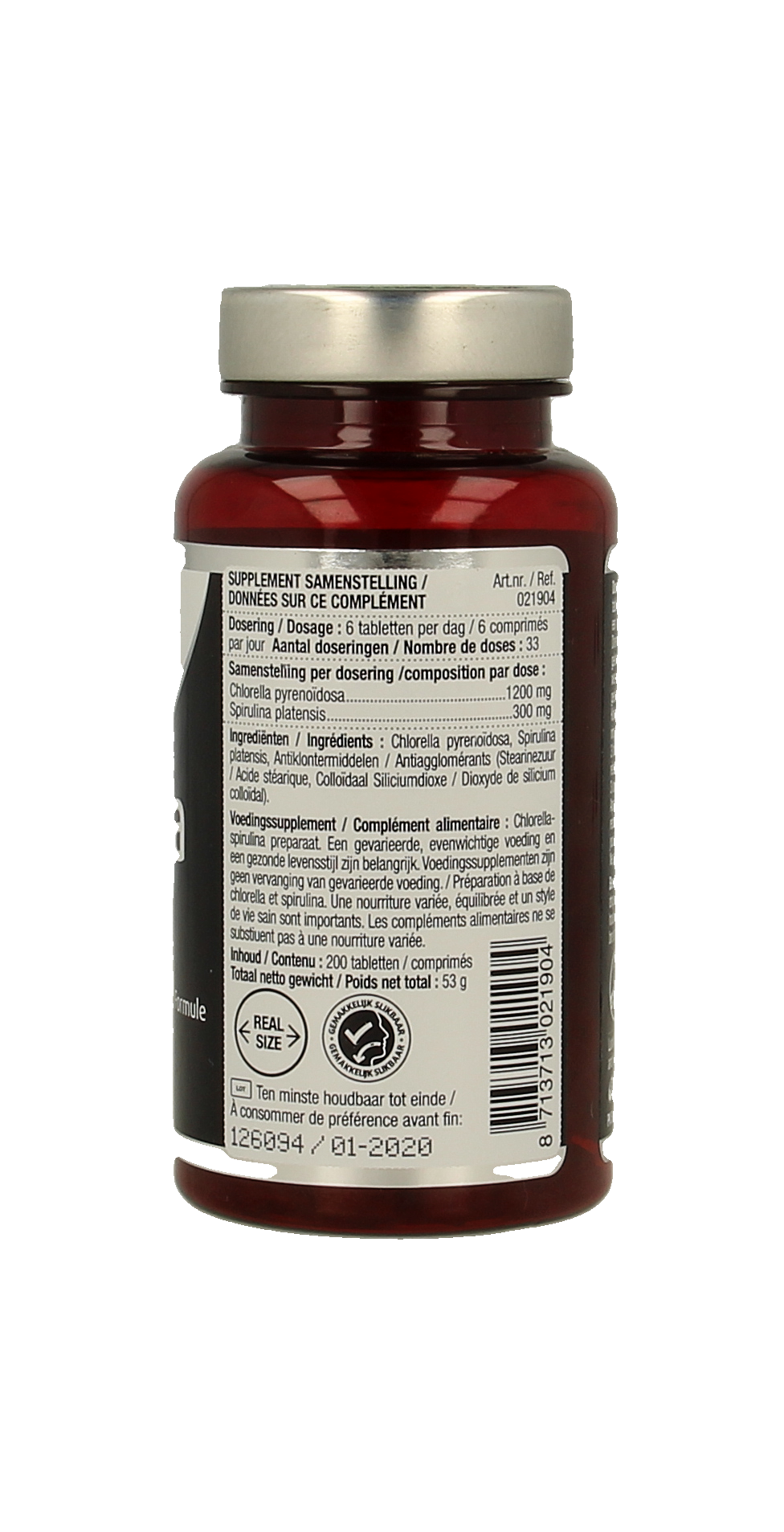 Lucovitaal Chlorella spirulina supplement tablets in a bottle, herbal preparation for health and wellness.
