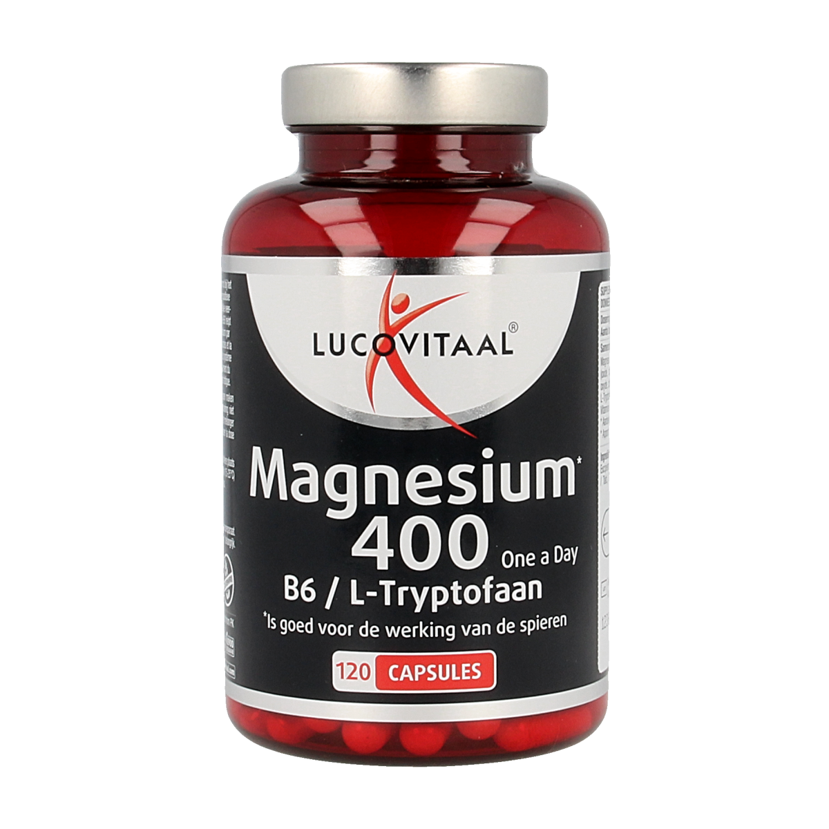 Lucovitaal Magnesium 400 with B6 and L-Tryptophan capsules, mineral supplement for muscle and nerve support.