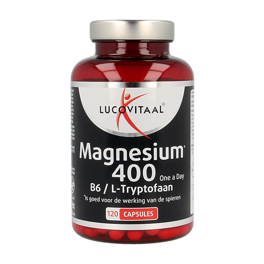 Lucovitaal Magnesium 400 with B6 and L-Tryptophan capsules, mineral supplement for muscle and nerve support.