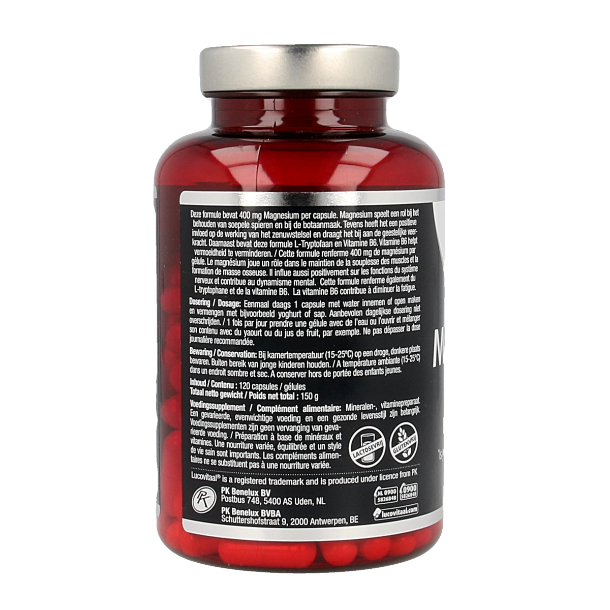 Bottle of Lucovitaal Magnesium 400 with B6 and L-Tryptofaan capsules, mineral supplement in a clear plastic container.