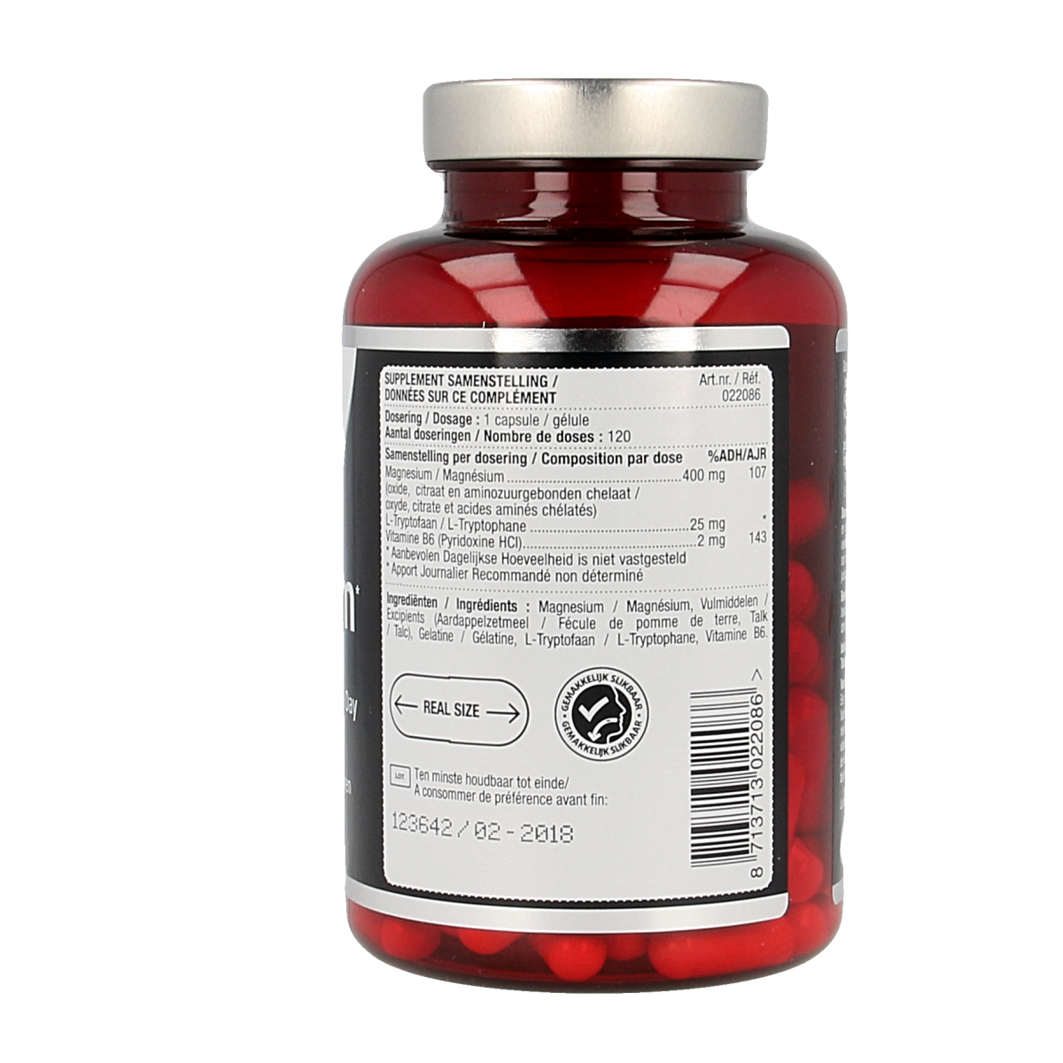 Lucovitaal Magnesium 400 with B6 and L-Tryptophan capsules, dietary mineral supplement in a bottle.