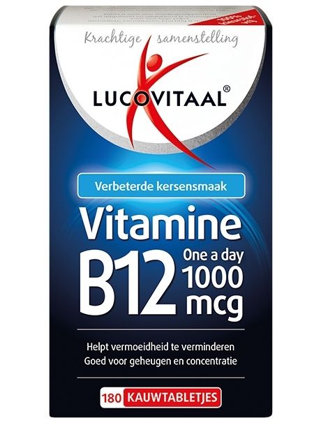 Lucovitaal Vitamine B12 1000mcg chewable tablets, vitamin supplement, close-up of the packaging and tablets.