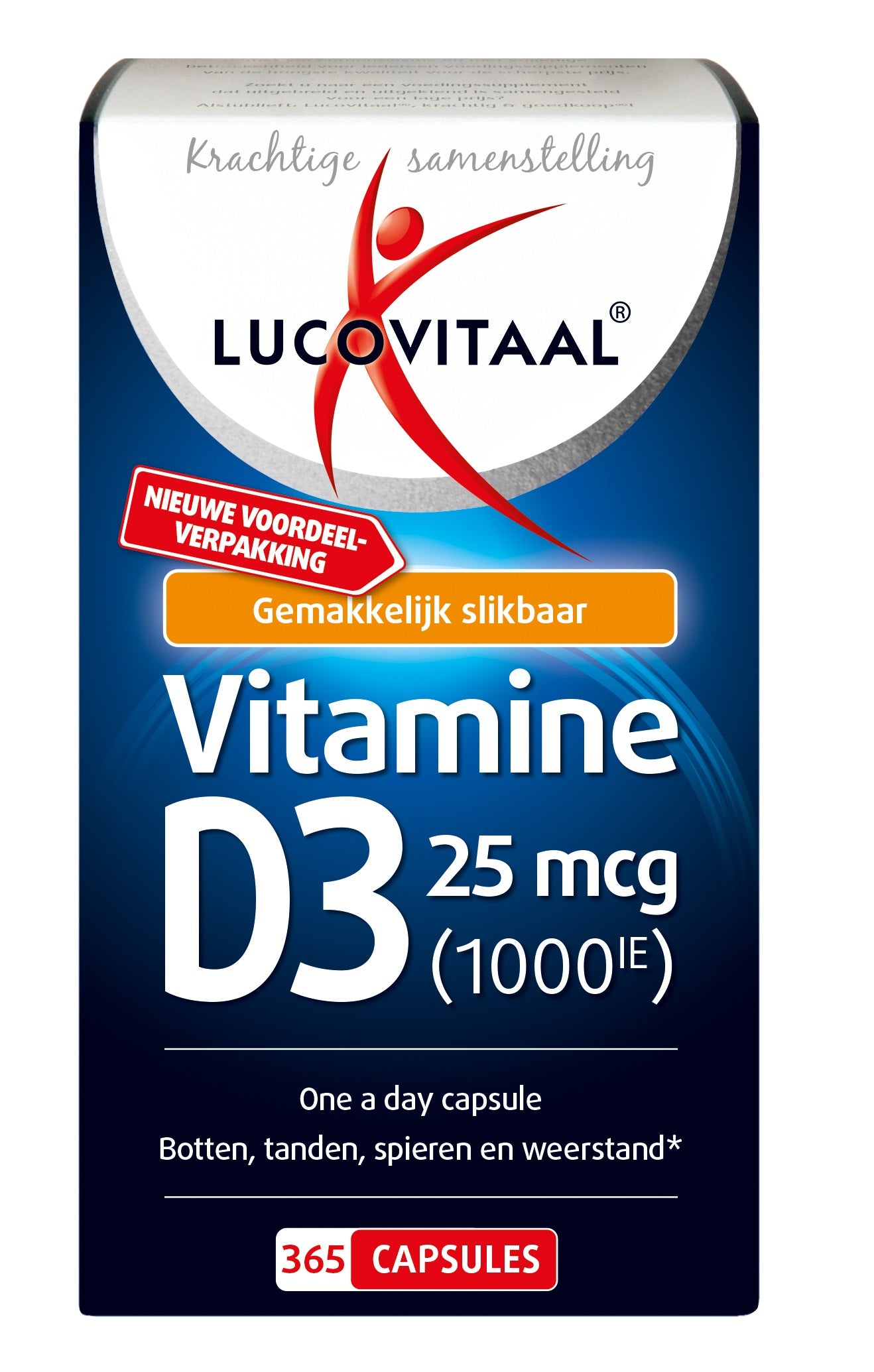 Lucovitaal Vitamine D3 25mcg capsules, dietary supplement in a bottle, showing the product packaging and capsules.
