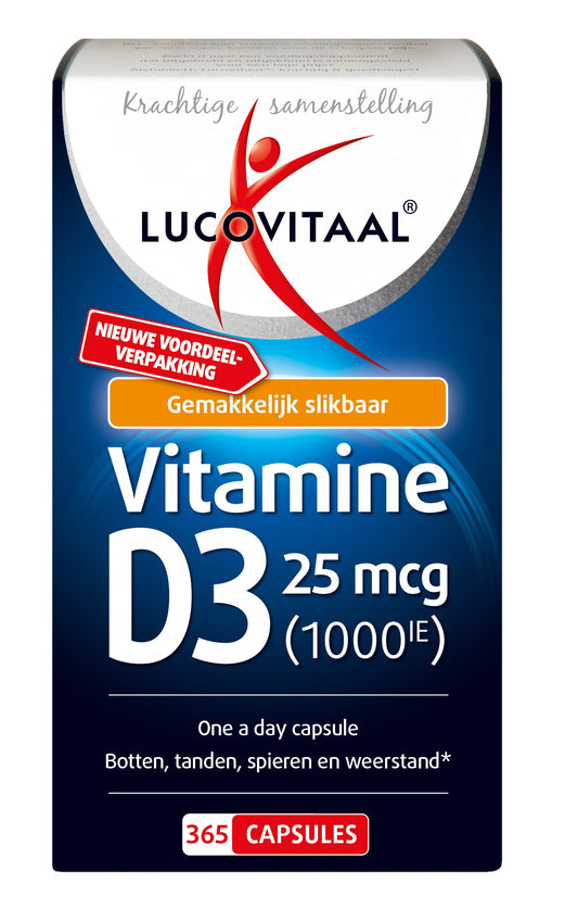 Lucovitaal Vitamine D3 25mcg capsules, dietary supplement in a bottle, showing the product packaging and capsules.