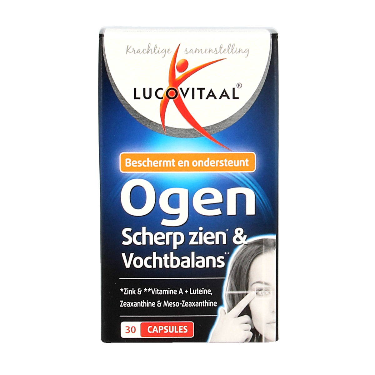 Lucovitaal Ogen scherp zien & vochtbalans herbal supplement capsules, 30 capsules for eye health and hydration support.