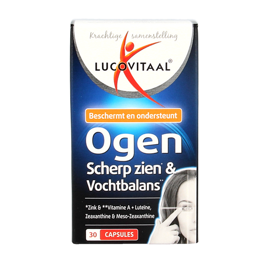 Lucovitaal Ogen scherp zien & vochtbalans herbal supplement capsules, 30 capsules for eye health and hydration support.