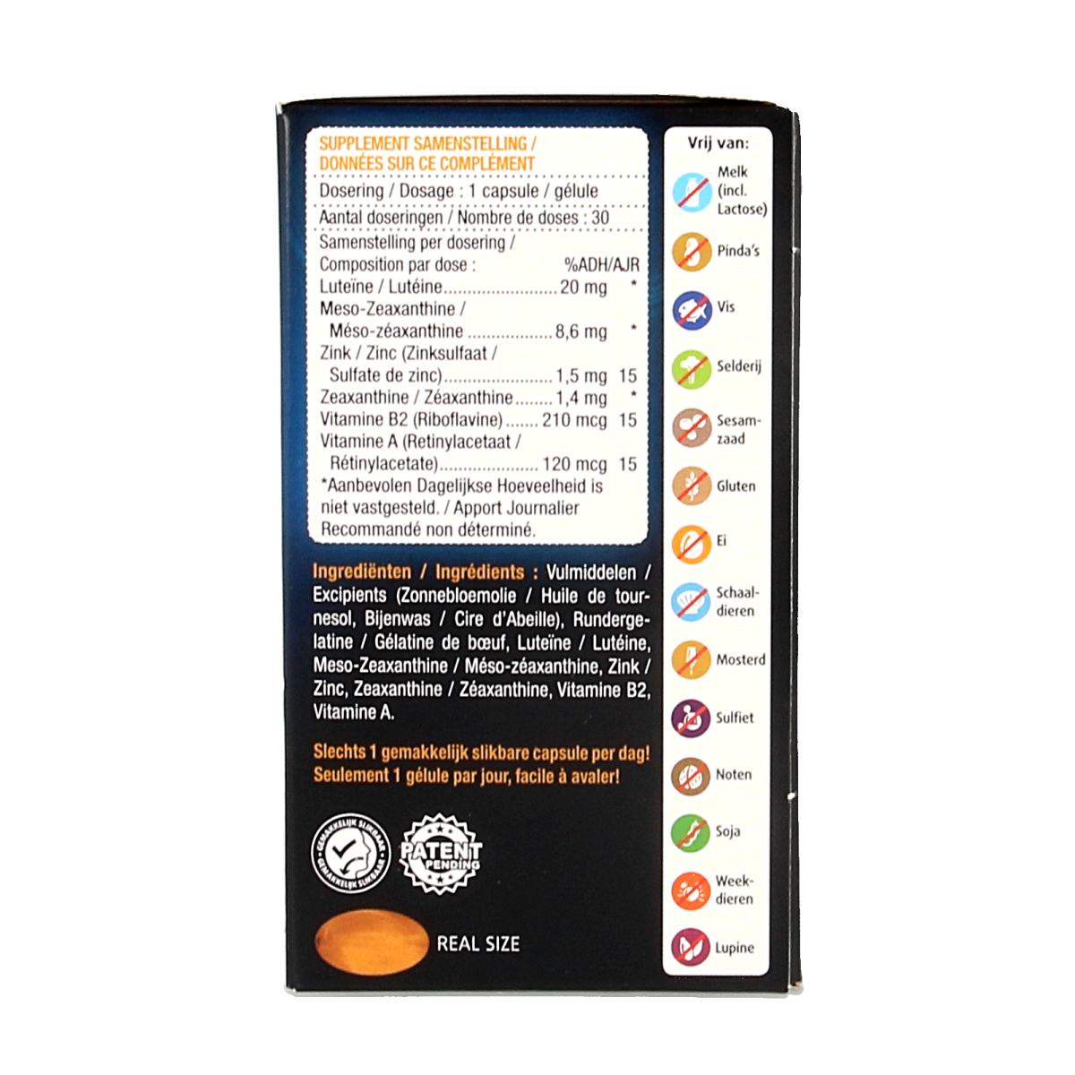 Lucovitaal Ogen scherp zien & vochtbalans capsules, herbal supplement for eye health and moisture balance, in a bottle.