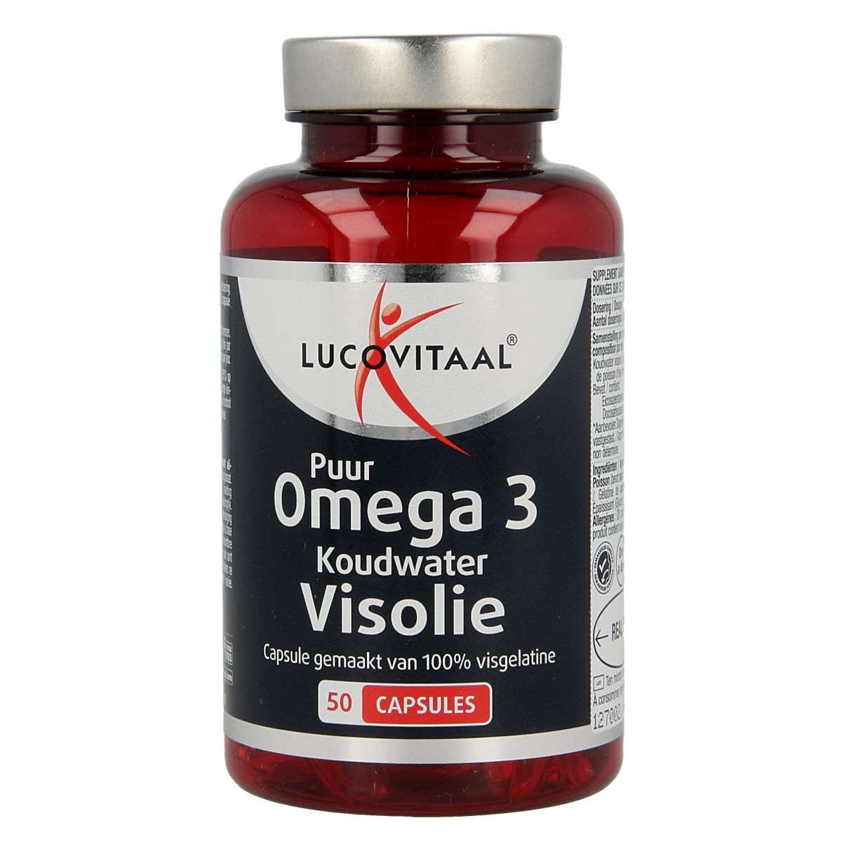 Lucovitaal koudwater visolie puur omega 3 capsules, dietary supplement with healthy fatty acids, shown in a clear bottle.