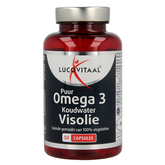 Lucovitaal koudwater visolie puur omega 3 capsules, dietary supplement with healthy fatty acids, shown in a clear bottle.