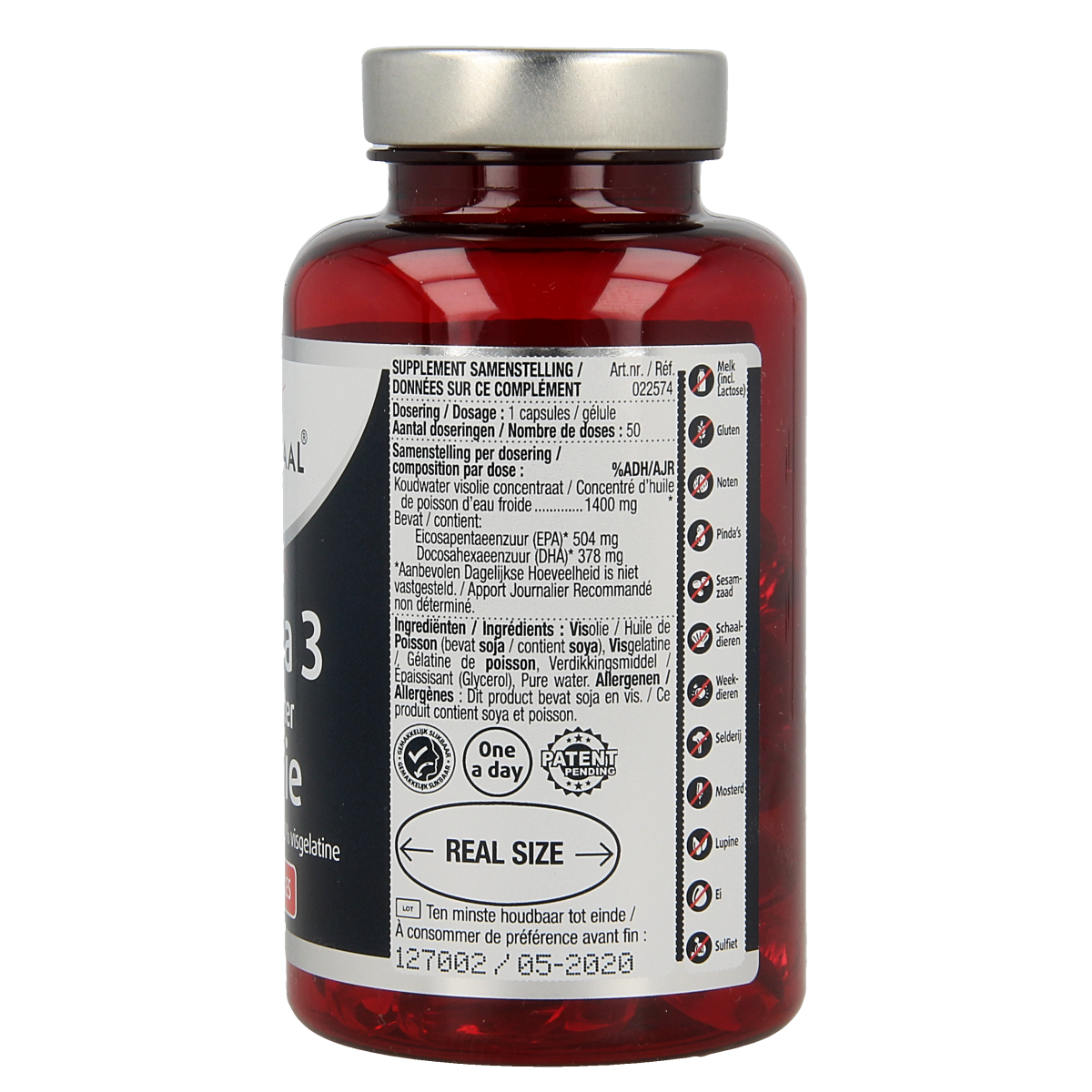 Lucovitaal koudwater visolie puur omega 3 capsules, dietary supplement with omega-3 fatty acids, shown in a bottle.