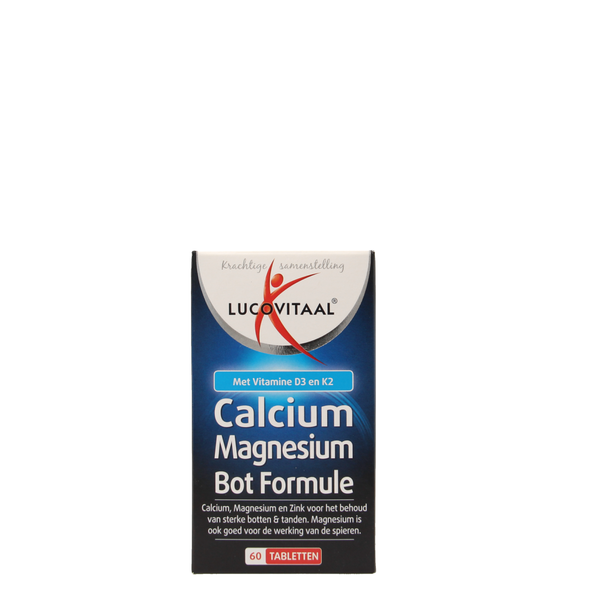 Bottle of Lucovitaal Calcium Magnesium mineral tablets with 60 tablets in a clear container, labeled with product details.