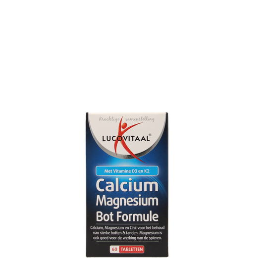 Bottle of Lucovitaal Calcium Magnesium mineral tablets with 60 tablets in a clear container, labeled with product details.