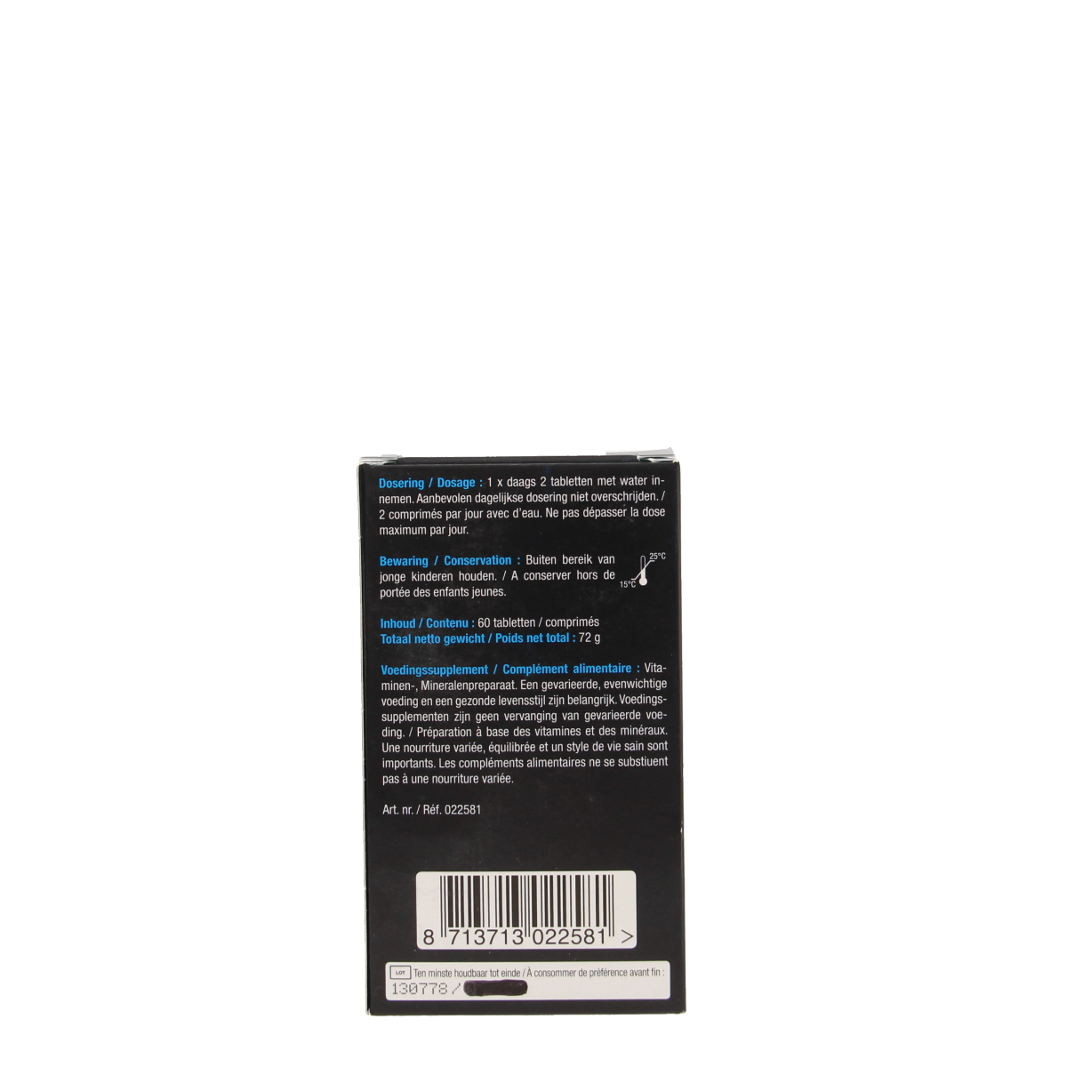 Lucovitaal Calcium Magnesium Mineralen Multi supplement in a bottle of 60 tablets, showing the supplement tablets and label.