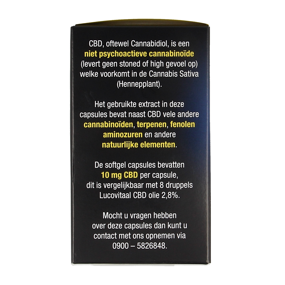 Lucovitaal CBD 10mg forte capsules, herbal supplement in a white bottle with 30 capsules visible inside.