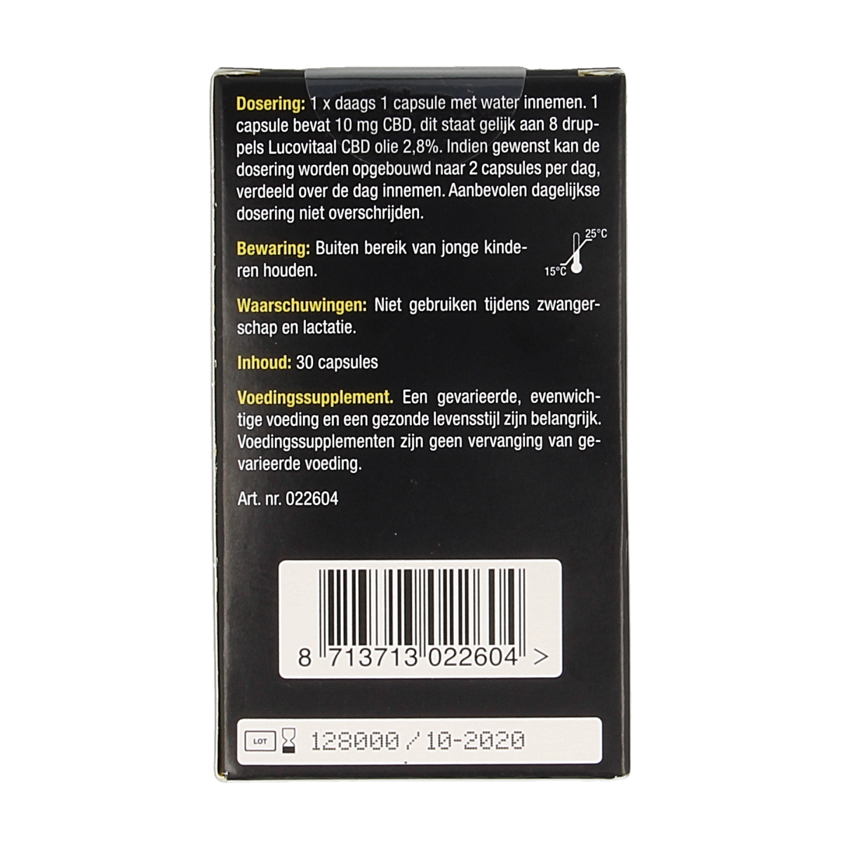 Lucovitaal CBD 10mg forte capsules, herbal supplement in a white bottle with 30 capsules, natural CBD product.