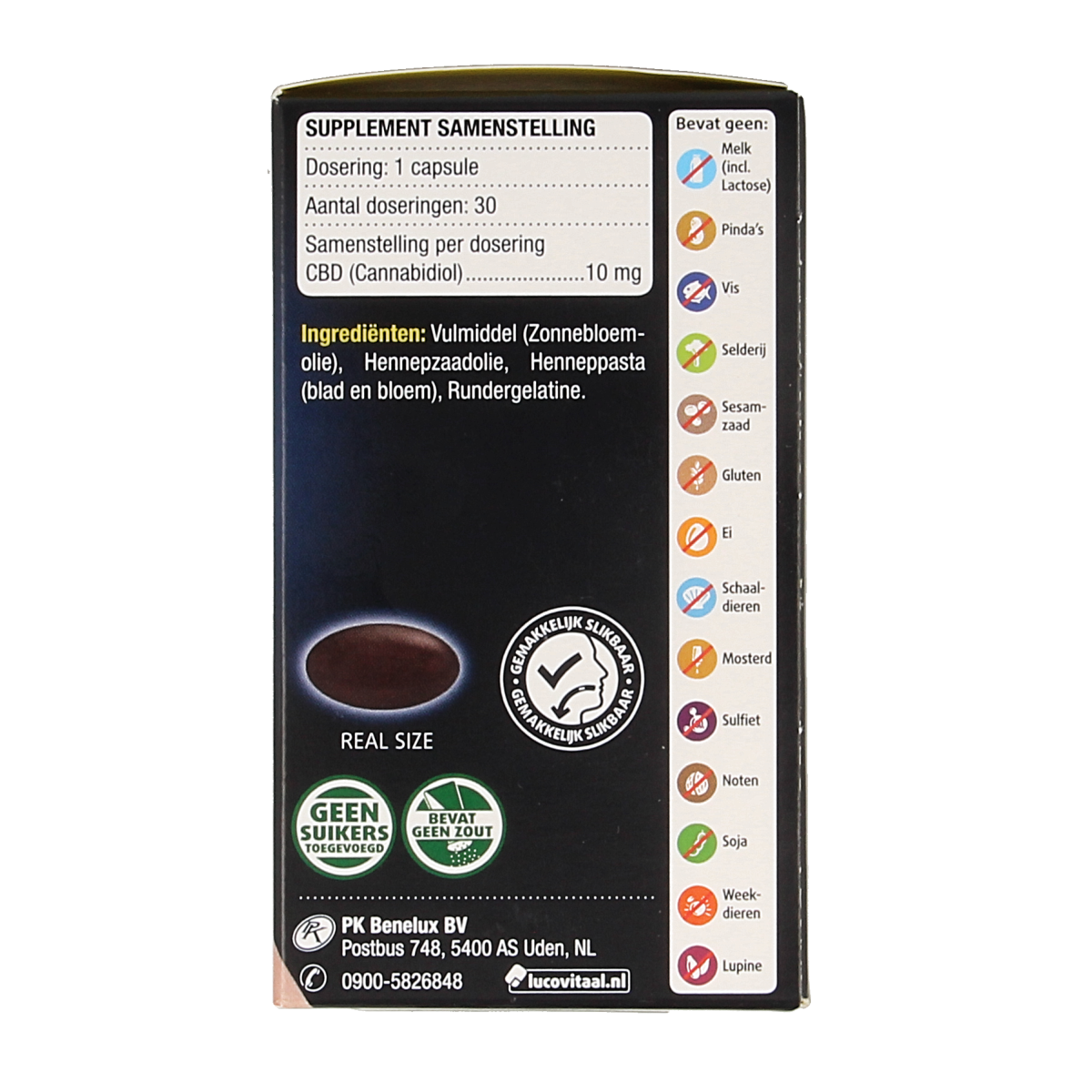Lucovitaal CBD 10mg forte herbal capsules in a bottle, showing the product label and capsules inside.