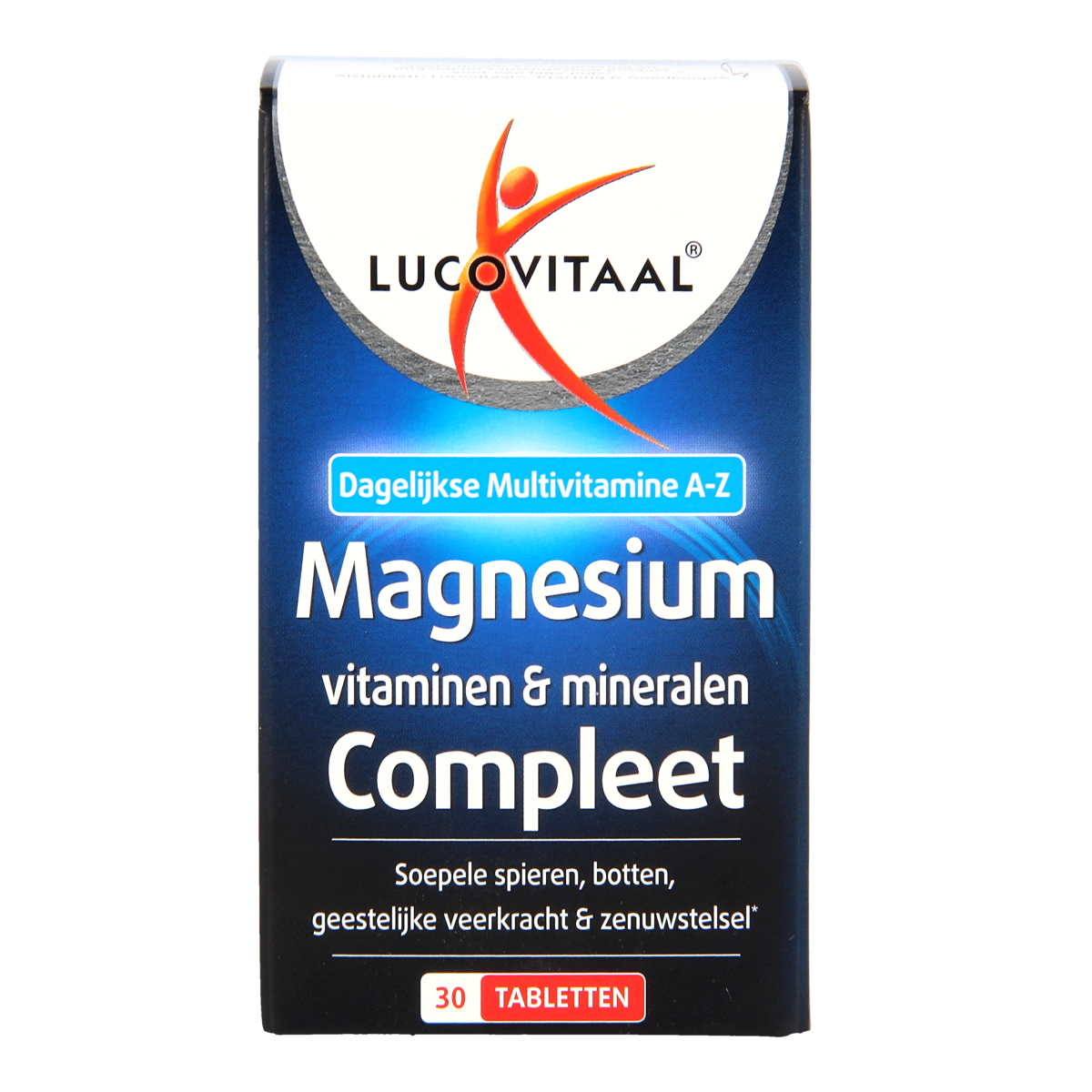 Lucovitaal Magnesium vitamins and minerals supplement in a bottle of 30 tablets, multivitamine with magnesium and essential nutrients.
