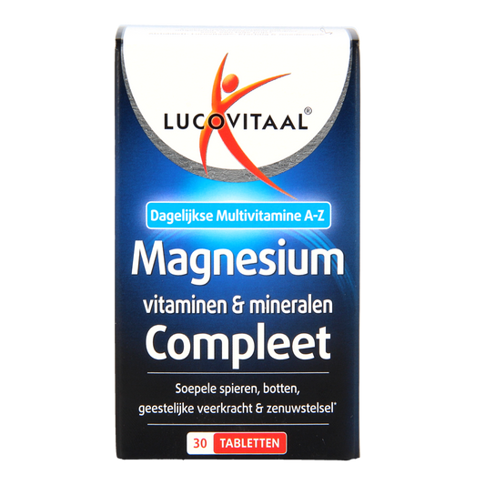 Lucovitaal Magnesium vitamins and minerals supplement in a bottle of 30 tablets, multivitamine with magnesium and essential nutrients.