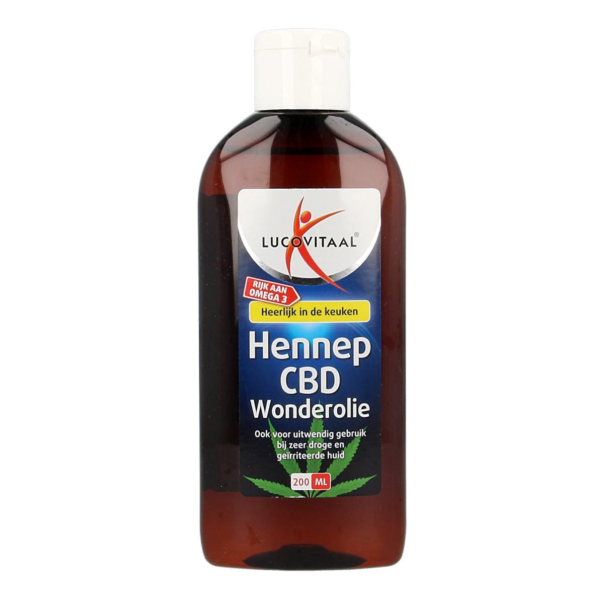 Lucovitaal Hennep CBD huidwonder olie 200ml, body care product with hemp CBD oil for skin nourishment and hydration.