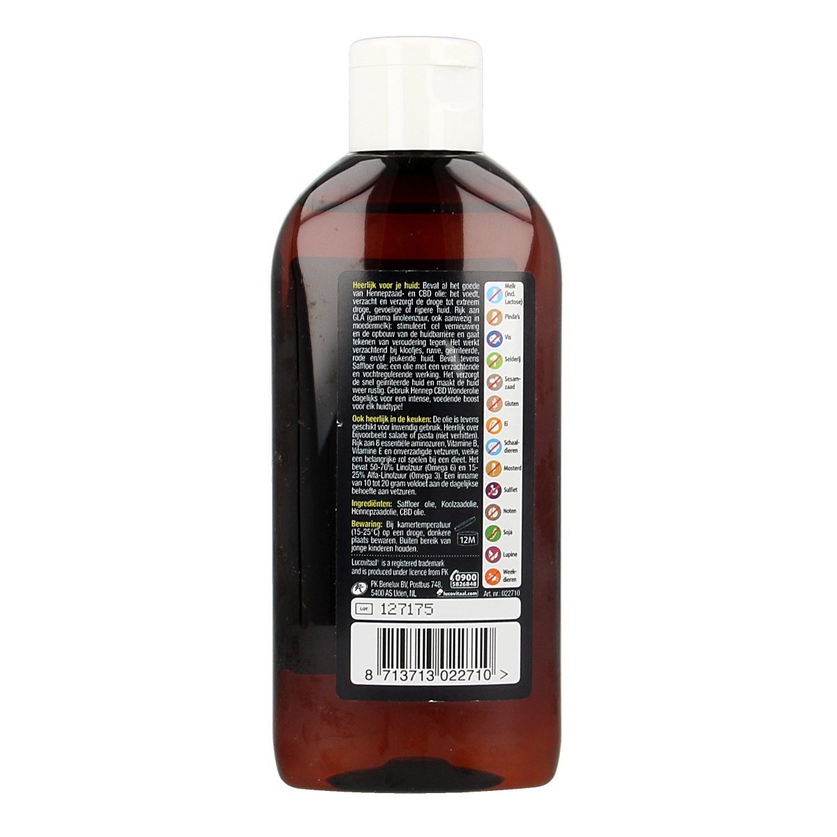 Lucovitaal Hennep CBD huidwonder olie in 200ml bottle, a body care product with hemp CBD for skin nourishment and care.