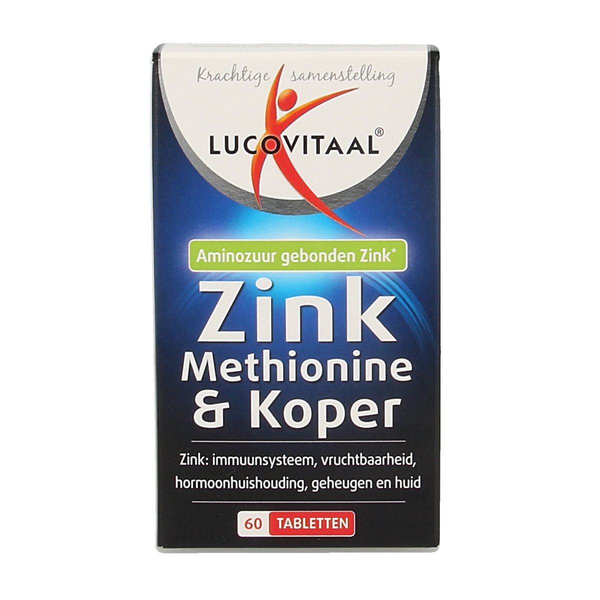 Lucovitaal Zink methionine en koper tabletten, mineraalensupplement voor ondersteuning van het immuunsysteem en gezondheid.