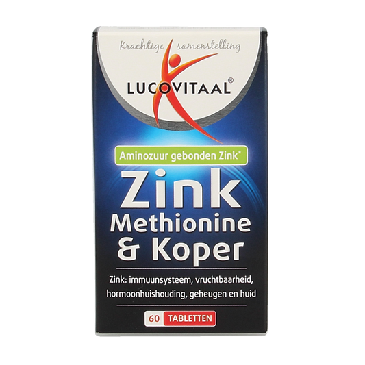 Lucovitaal Zink methionine en koper tabletten, mineraalensupplement voor ondersteuning van het immuunsysteem en gezondheid.