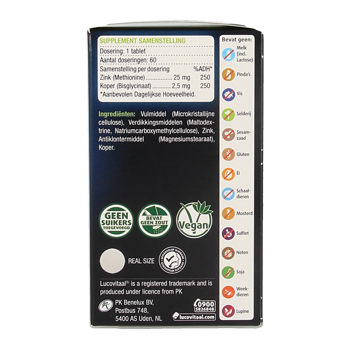 Lucovitaal Zink methionine and koper mineral supplement tablets, 60 count, showing the bottle with tablets inside.