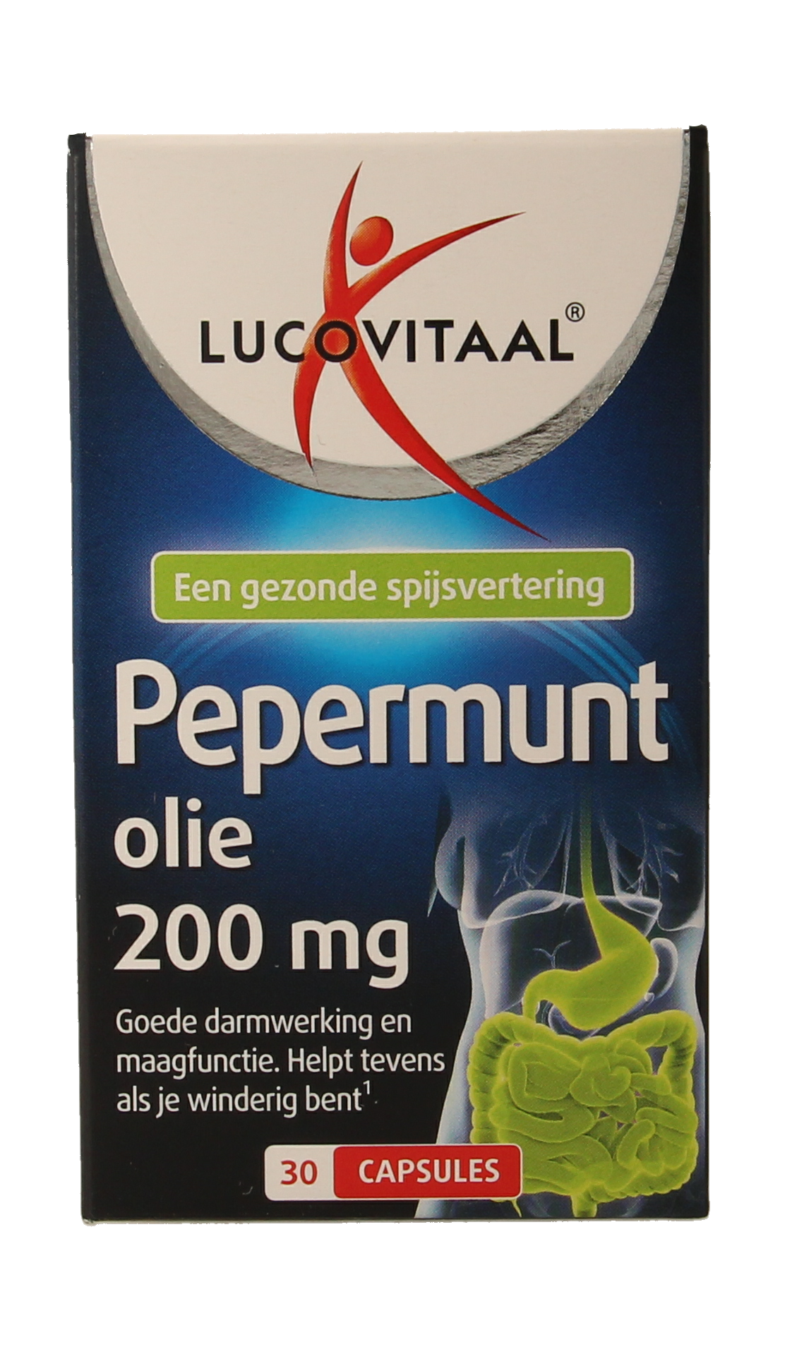 Lucovitaal Pepermuntolie capsules in a clear container, herbal supplement for digestive health, with green and white label.