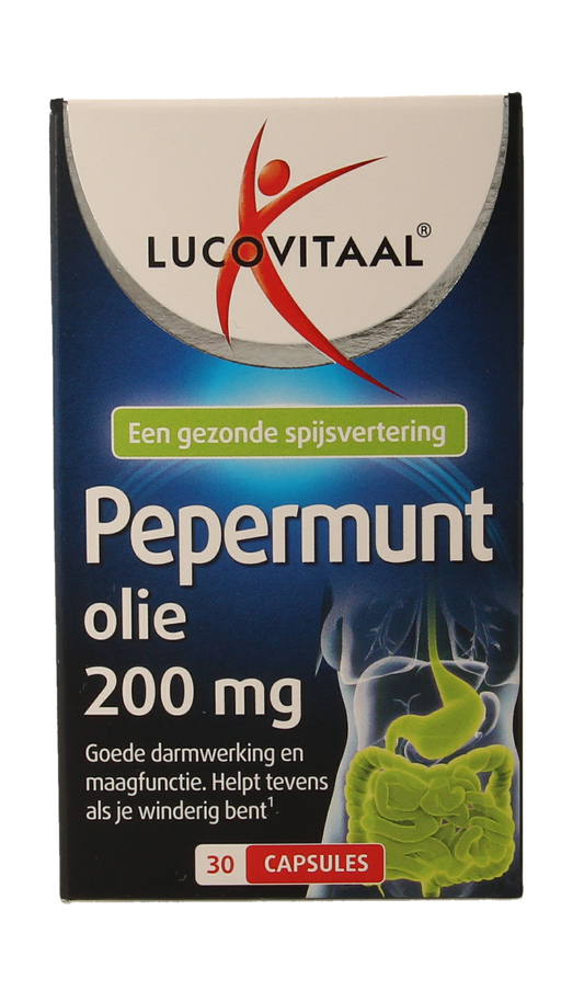 Lucovitaal Pepermuntolie capsules in a clear container, herbal supplement for digestive health, with green and white label.