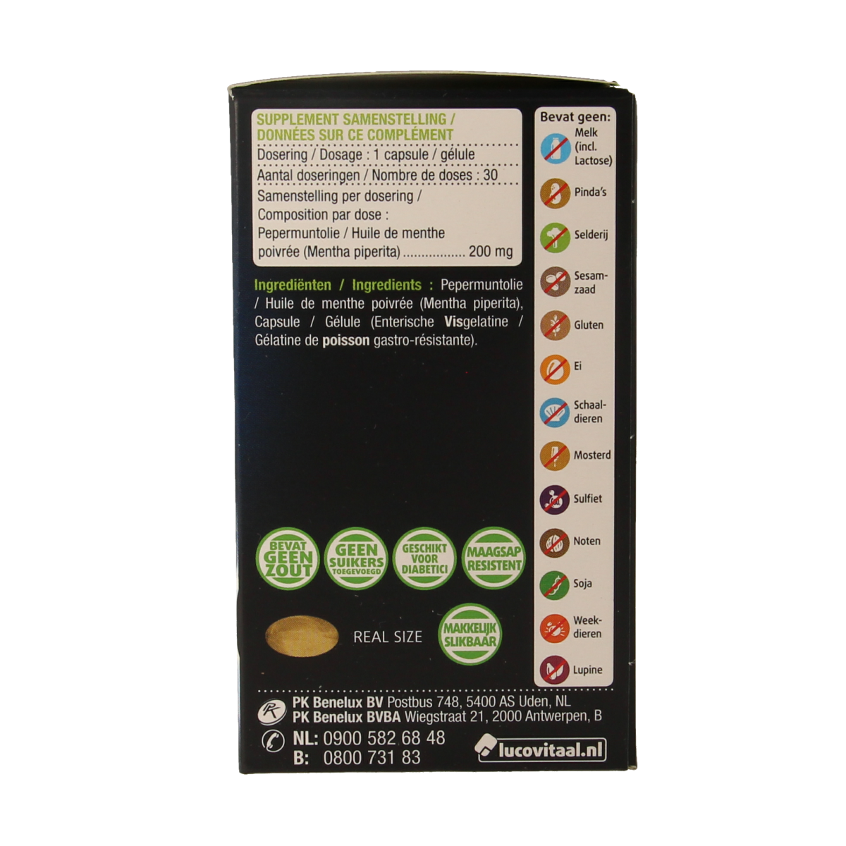 Lucovitaal Pepermuntolie capsules in a blister pack, herbal supplement for digestive support and freshening breath.